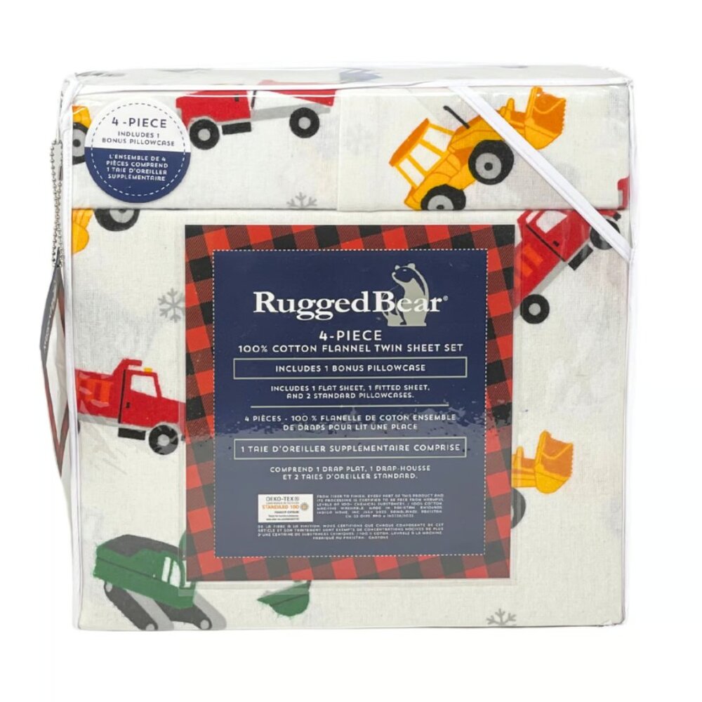 Rugged Bear TWIN 4 PC Colorful Construction Trucks Cotton Flannel Sheet Set NEW